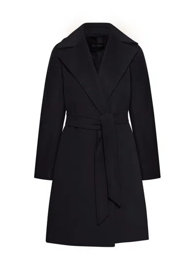 Max Mara Waist Belted Long Length Lapels Pockets In Black