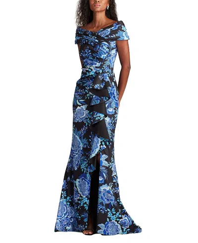 Tadashi Shoji Cii25478l Formal Long Floral Slit Ruffle Dress In Blue