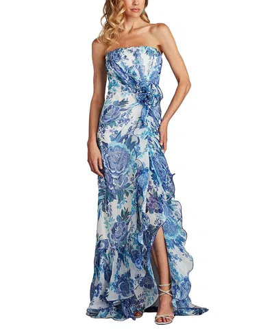 Tadashi Shoji Chw24386l Floral Printed Formal Long Slit Prom Pleated Ruffle Dress In Blue