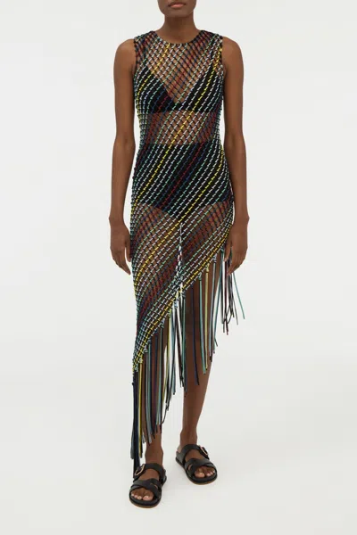 Gabriela Hearst Nabia L Fringe Macrame Maxi Dress In Black Multi Silk In Gray