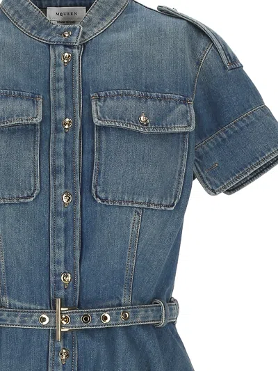 Alexander Mcqueen Denim Mini Shirt Dress In Blue