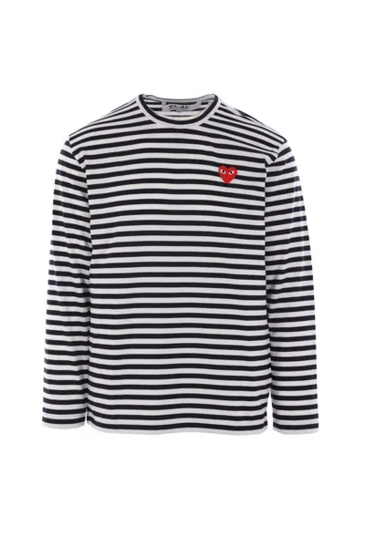 Comme Des Garçons Play Heart-patch Striped Cotton T-shirt In Blue