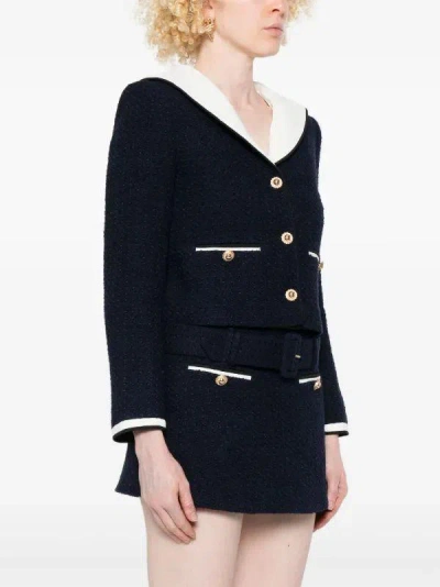 Self-portrait Belted Waist Short Jacket With Stripe Trim In Blue
