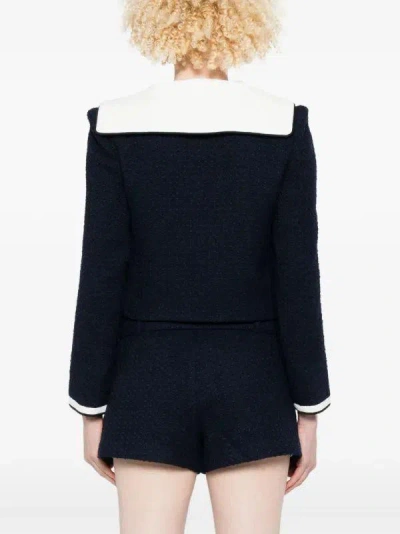 Self-portrait Belted Waist Short Jacket With Stripe Trim In Blue