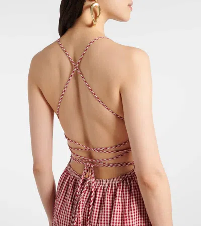 Posse Lori Open-back Gingham Linen-seersucker Maxi Dress In Red