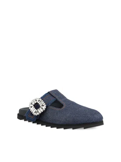 Roger Vivier Slidy Viv Embellished Denim Mules In Blue