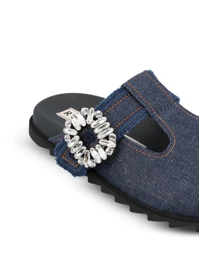 Roger Vivier Slidy Viv Embellished Denim Mules In Blue