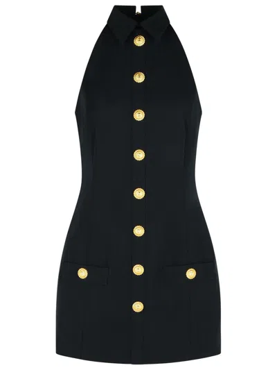 Balmain Black Dress With Pointed Collar And Logo Buttons On The Front In Wool Woman