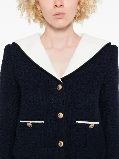 Self-portrait Belted Waist Short Jacket With Stripe Trim In Blue