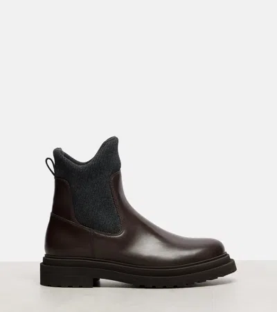 Brunello Cucinelli Leather Sock Boots In Brown