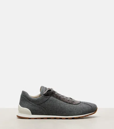 Brunello Cucinelli Women Low-top Wool Flannel Sneakers With Leather Profiles In Black