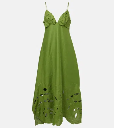 Farm Rio Green Monstera Embroidered Euroflax Premium Linen Midi Dress