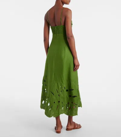 Farm Rio Green Monstera Embroidered Euroflax Premium Linen Midi Dress