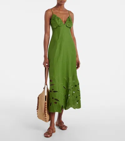 Farm Rio Green Monstera Embroidered Euroflax Premium Linen Midi Dress