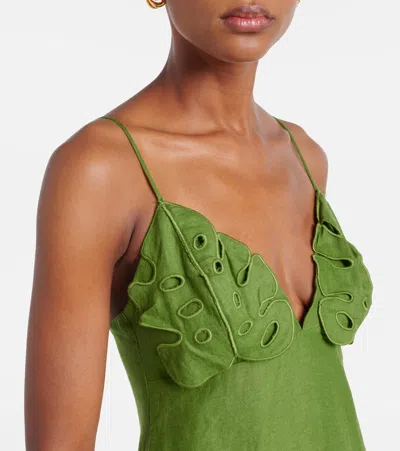Farm Rio Green Monstera Embroidered Euroflax Premium Linen Midi Dress