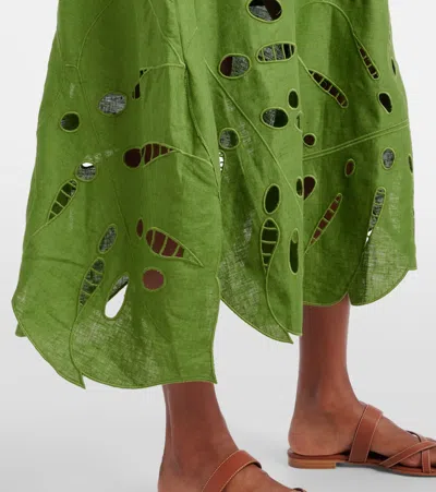 Farm Rio Green Monstera Embroidered Euroflax Premium Linen Midi Dress