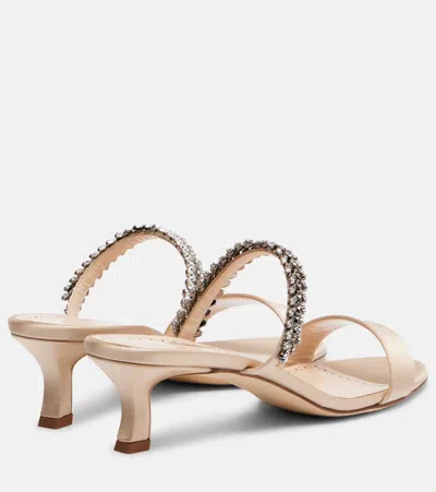 Manolo Blahnik Satin Mules Kifasan Embellished Strap Kitten Heel In Neutral