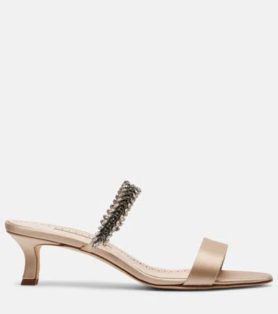 Manolo Blahnik Satin Mules Kifasan Embellished Strap Kitten Heel In Neutral