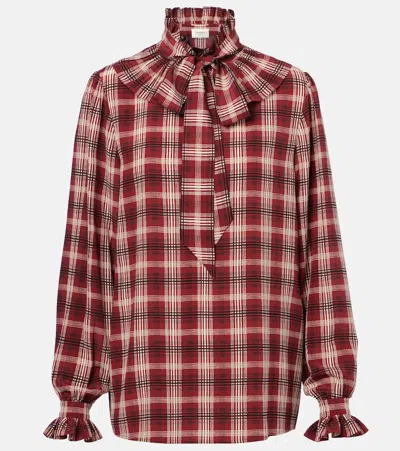 Saint Laurent Silk Blouse With Plaid Pattern And Ruffles In Burgundy