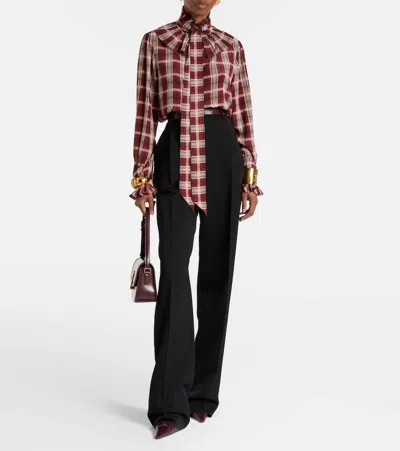 Saint Laurent Silk Blouse With Plaid Pattern And Ruffles In Burgundy