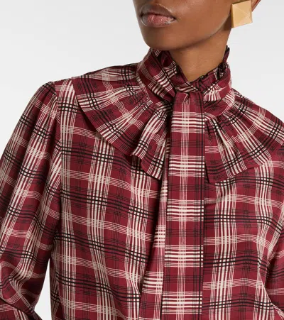 Saint Laurent Silk Blouse With Plaid Pattern And Ruffles In Burgundy