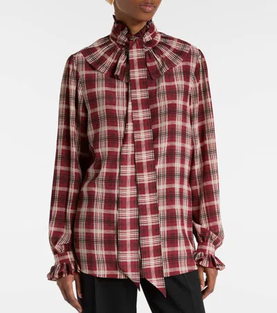Saint Laurent Silk Blouse With Plaid Pattern And Ruffles In Burgundy
