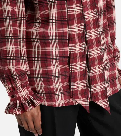 Saint Laurent Silk Blouse With Plaid Pattern And Ruffles In Burgundy