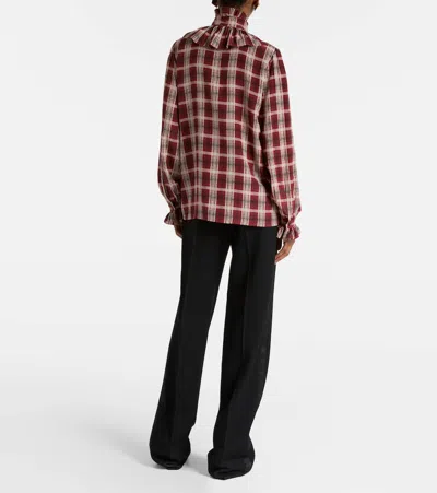 Saint Laurent Silk Blouse With Plaid Pattern And Ruffles In Burgundy