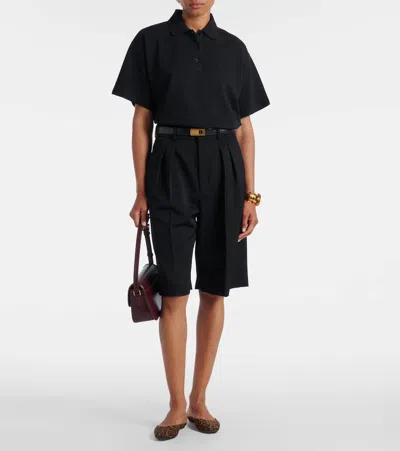 Saint Laurent Black Oversize Polo Shirt With Classic Collar And Tonal Logo Embroidery On The Front In Cotton Pique In Brown