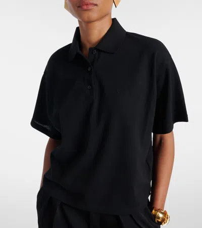 Saint Laurent Black Oversize Polo Shirt With Classic Collar And Tonal Logo Embroidery On The Front In Cotton Pique In Brown