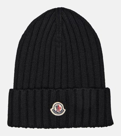 Moncler Logo Patch Cuff Virgin Wool Rib Beanie