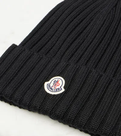 Moncler Logo Patch Cuff Virgin Wool Rib Beanie