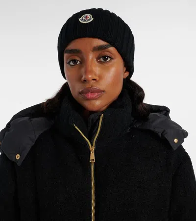 Moncler Logo Patch Cuff Virgin Wool Rib Beanie