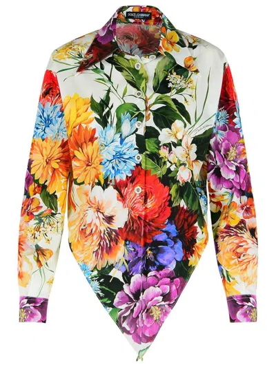Dolce & Gabbana Multicolor Cropped Shirt With Tie Closure On The Front And All-over Floral Print In Cotton Woman In Multi