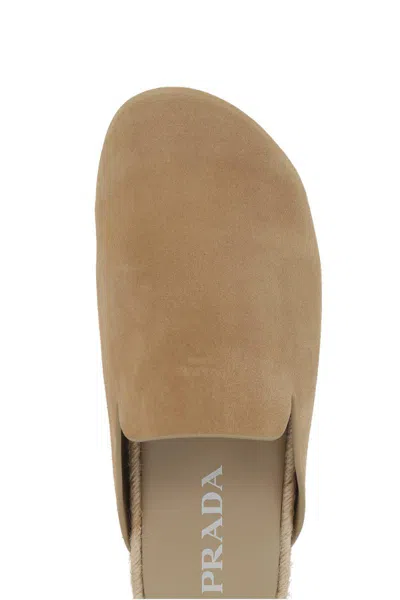 Prada Suede Leather Sabots In Nude