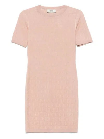 Fendi Cotton Short Sleeve Dress With Textured Pattern In Neutral