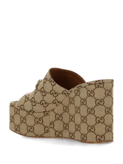 Gucci Gg Monogram Wedge Sandals With Clamp In Brown