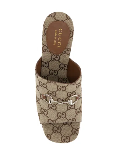 Gucci Gg Monogram Wedge Sandals With Clamp In Brown