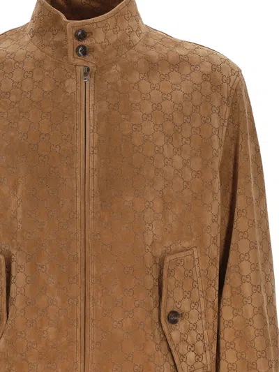 Gucci Brown Jacket With All-over Embossed Gg Motif And Collar With Buttons In Suede Man