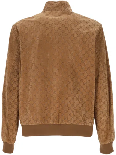 Gucci Brown Jacket With All-over Embossed Gg Motif And Collar With Buttons In Suede Man