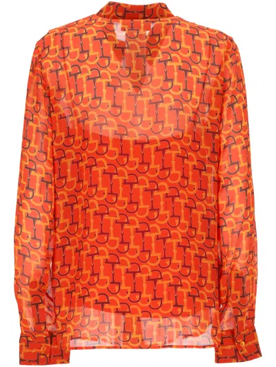 Gucci Silk Horsebit Print Shirt In Orange Red In Orange