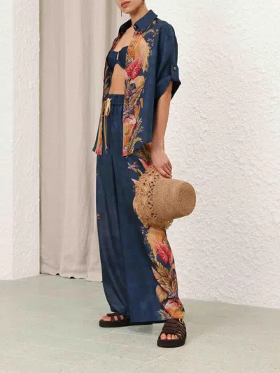 Zimmermann Womens Dark Blue Palm Floral Ascension Relaxed-fit Silk Trousers