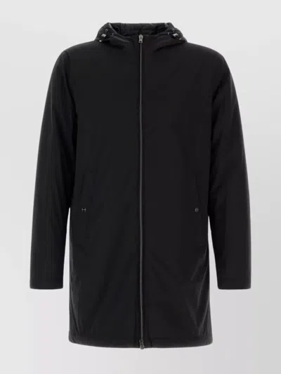 Herno Stretch Nylon Parka With Hood And Pockets In Black