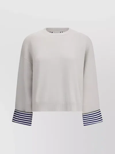 Brunello Cucinelli Cashmere Sweater Striped Cuffs Jewels In White