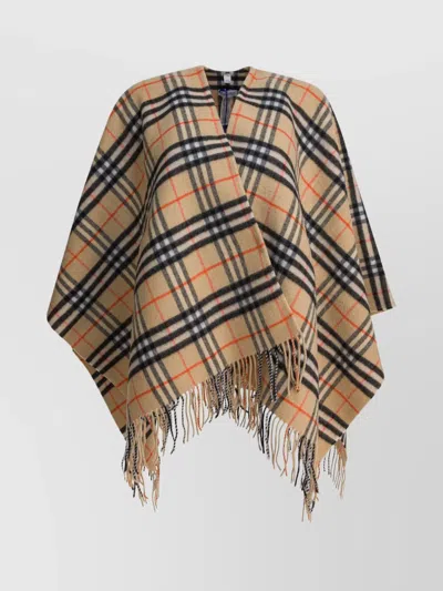 Burberry Wool And Cashmere Cape With Check Pattern In Neutral