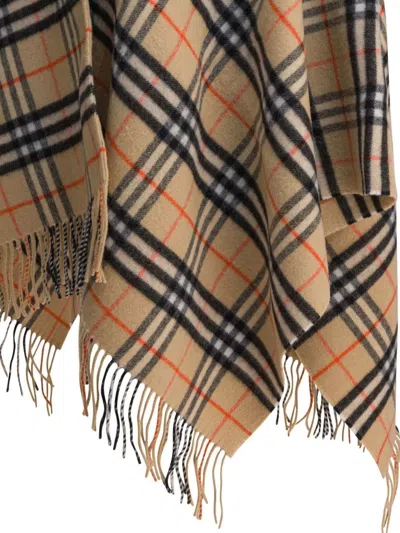 Burberry Wool And Cashmere Cape With Check Pattern In Neutral