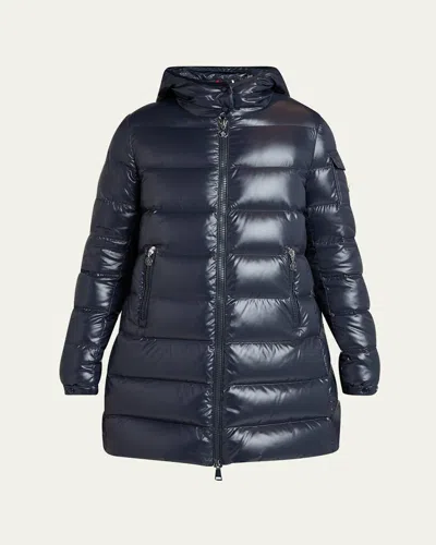 Moncler Courcelles Hooded Mid-length Down Jacket In Blue