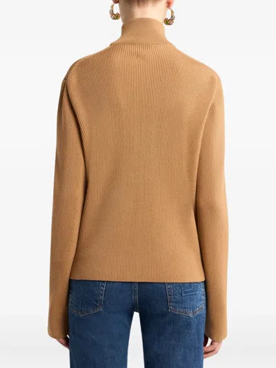 Etro Ribbed Knit Turtleneck Wool Sweater In Brown