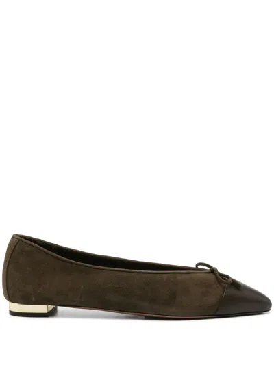 Aquazzura Gioia Bow-detailed Leather-trimmed Suede Ballet Flats In Green