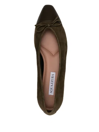 Aquazzura Gioia Bow-detailed Leather-trimmed Suede Ballet Flats In Green